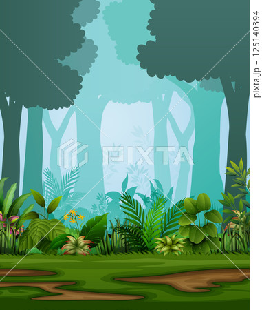 Jungle scene with lush vegetation and towering trees in a misty atmosphere 125140394
