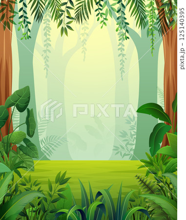 Lush jungle scene full of green plants and trees with sunlight 125140395