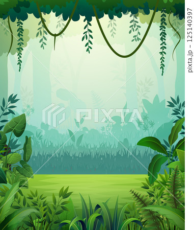 Lush jungle scene with green foliage and sunlight 125140397