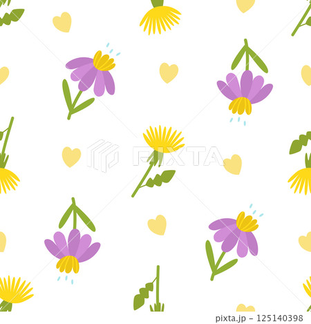 Seamless pattern with yellow dandelions and lilac flowers. Botanical vector illustration. For background, printing on paper or fabric, design or decor 125140398