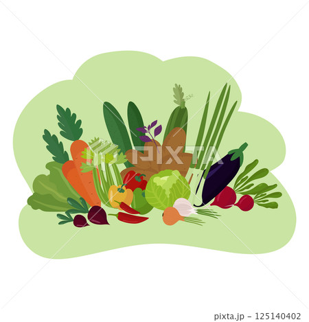 Organic vegetables, healthy food. Poster, banner, background. Cucumbers, potatoes, chili, carrots, cabbage, peppers, eggplants, tomatoes, onions. Vector illustration for printing on paper, fabric, 125140402