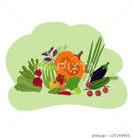 Organic vegetables, healthy food. Poster, banner, background. Pumpkin, chili, basil, zucchini, cabbage, pepper, eggplant, tomatoes, onions. Vector illustration for printing on paper, fabric, website 125140403