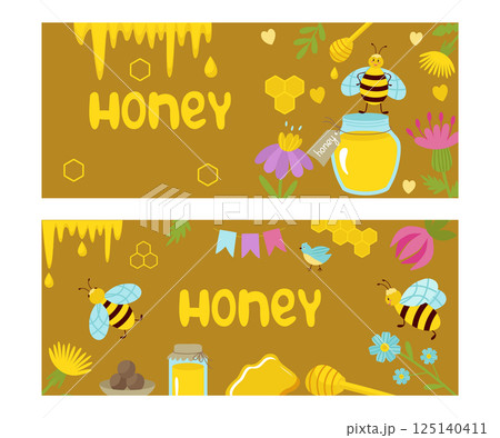 Flyers are horizontal with honey and bees. Vector cartoon illustration isolated. Invitation, leaflet for business, for printing 125140411