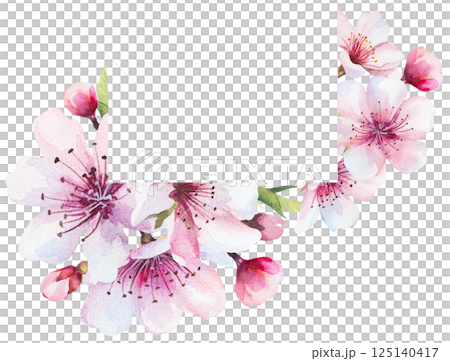 Frame with watercolor pink cherry flowers and green leaves, wedding sakura isolated illustration 125140417