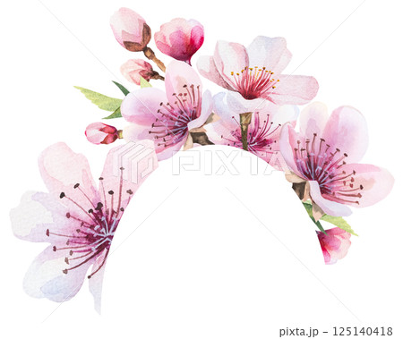 Frame with watercolor pink cherry flowers and green leaves, wedding sakura isolated illustration 125140418