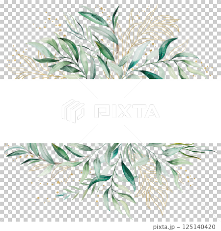 Frame made with light green watercolor leaves, isolated wedding illustration, copy space 125140420