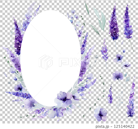 Oval frame made of watercolor lavender flowers. Purple wildflowers wedding isolated illustration Oval frame made of watercolor lavender flowers. Purple wildflowers wedding isolated illustration 125140422