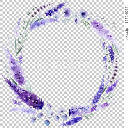 Round frame made of watercolor lavender flowers. Purple wildflowers wedding isolated illustration Round frame made of watercolor lavender flowers. Purple wildflowers wedding isolated illustration 125140424