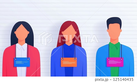 Three people with ID badges standing together Three people with ID badges standing together 125140435