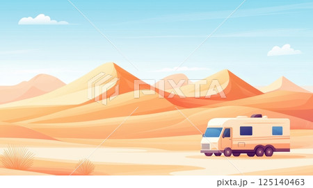 Desert landscape with an RV under a clear sky 125140463