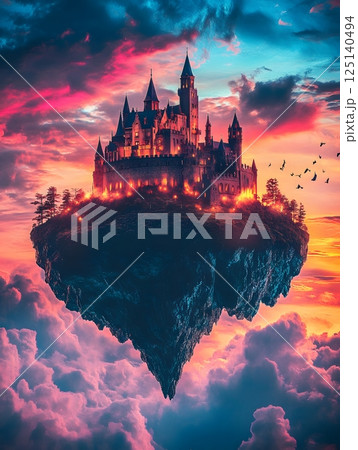 panorama of flying city island at sunset panorama of flying city island at sunset 125140494