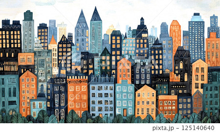 Colorful city skyline illustration with diverse buildings Colorful city skyline illustration with diverse buildings 125140640