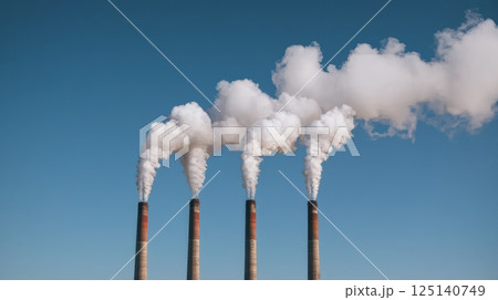 Industrial smokestacks emitting white smoke against blue sky 125140749