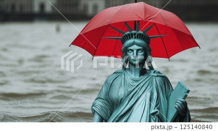 global warming concept Statue in water with a red umbrella overhead 125140840