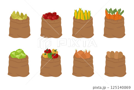 Bags of fruits and vegetables. The burlap bags are filled. Vector illustration isolated on a white background. 125140869
