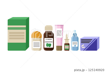 Medicines in tubes, packages and bottles. Pills, cream, nose drops, antiseptic, syrup, vitamins. Vector illustration of pharmaceutical products. Medicines in tubes, packages and bottles. Pills, cream, nose drops, antiseptic, syrup, vitamins. Vector illustration of pharmaceutical products. 125140920