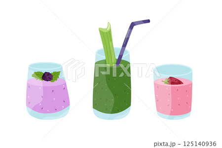 Summer beach smoothies cocktails with ice. Lilac with blackberries, green with spinach and celery, pink with strawberries. Vector illustration of refreshing drinks in glasses with tubes. Summer beach smoothies cocktails with ice. Lilac with blackberries, green with spinach and celery, pink with strawberries. Vector illustration of refreshing drinks in glasses with tubes. 125140936