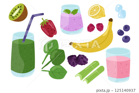 Smoothies, fruits, berries and herbs, a bright colorful summer set. Vector illustration of healthy drinks, strawberries, spinach, blackberries, raspberries, lemon, lime, celery, ice, blueberries. 125140937