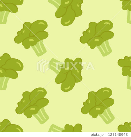 Seamless pattern with large broccoli cabbage on a green background. Botanical vector illustration for printing on clothing, textiles, paper, fabric, packaging. 125140948