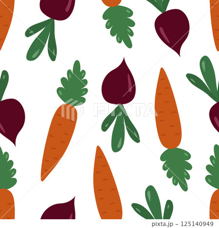 Seamless pattern with vegetables, carrots and beets on a white background. Botanical vector illustration for printing on clothing, textiles, paper, fabric, packaging. 125140949