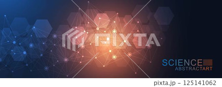 Modern science background with lines, dots and hexagons. Wave flow abstract background. Molecular structure for medical, technology, chemistry, science. Vector illustration Modern science background with lines, dots and hexagons. Wave flow abstract background. Molecular structure for medical, technology, chemistry, science. Vector illustration 125141062