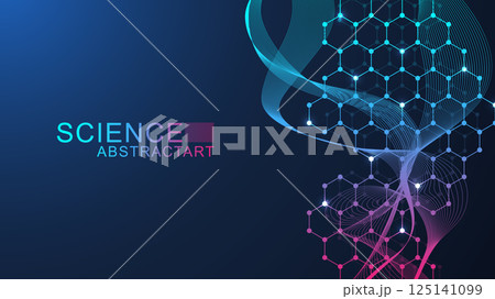 Modern scientific background with lines, dots and hexagons. Wave flow abstract background. Molecular structure for medical, technology, chemistry, science. Vector illustration Modern scientific background with lines, dots and hexagons. Wave flow abstract background. Molecular structure for medical, technology, chemistry, science. Vector illustration 125141099