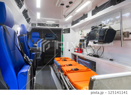 Inside an ambulance mobile car with medical equipment	 125141141