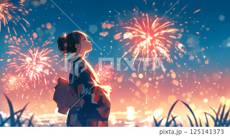 浴衣姿で花火を見る可愛い女の子 AI 浴衣姿で花火を見る可愛い女の子 AI 125141373