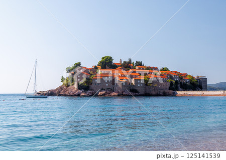 Scenic view of Sveti Stefan beach in Montenegro Scenic view of Sveti Stefan beach in Montenegro 125141539