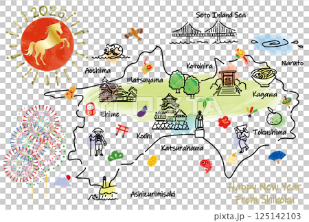 四国の観光地のイラストマップ年賀状2026年 125142103