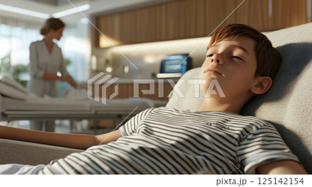 Relaxed child in modern hospital room with medical professional in background. Little biracial patient 125142154