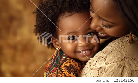 Loving mother and child embrace with warm smiles. Little biracial patient 125142156