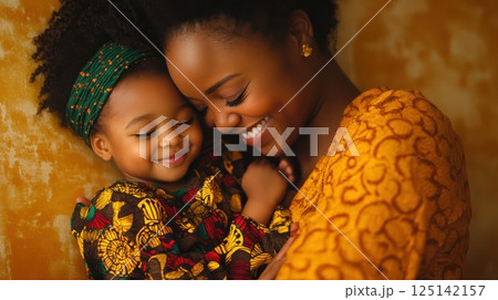 Heartwarming mother and daughter embrace in colorful traditional attire. Little biracial patient 125142157