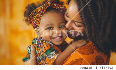 Mother and child bonding moment in colorful traditional clothing. Little biracial patient 125142158