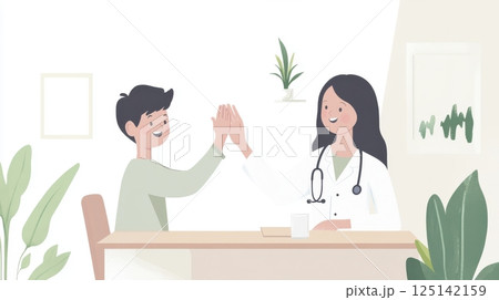 Doctor and child high-fiving in clinic setting for healthcare and trust. Little biracial patient 125142159