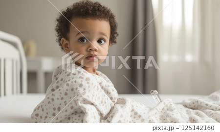 Adorable baby wrapped in blanket sitting on bed in cozy bedroom. Little biracial patient 125142160