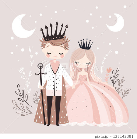 Cute prince and princess holding hands, boy and girl in love, wedding card, Valentine's Day, fairy tale characters. Flat cartoon illustration. Cute prince and princess holding hands, boy and girl in love, wedding card, Valentine's Day, fairy tale characters. Flat cartoon illustration. 125142391