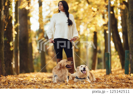 Standing and posing. Woman on the walk with her two dogs in the autumn forest 125142511