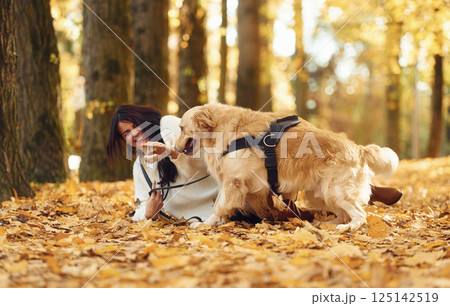 Smiling and playing. Woman on the walk with her two dogs in the autumn forest Smiling and playing. Woman on the walk with her two dogs in the autumn forest 125142519
