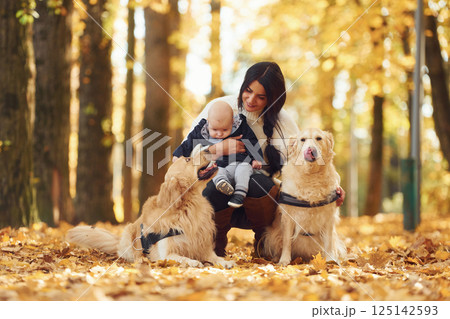 Mother with toddler and with two dogs are in the autumn forest Mother with toddler and with two dogs are in the autumn forest 125142593