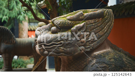 Chengdu, Sichuan, China. Stone Sculptures Of Kylins Or Qilin At Tomb Passage In Wuhou Memorial Temple. Kylins Is Mascot Dragon In China. Qilin Legendary Hooved Chimerical Creature That Appears In 125142643