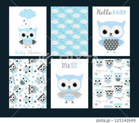 Vector baby shower invitation templats or greeting cards with cute owl animals in blue and grey colors for boys Vector baby shower invitation templats or greeting cards with cute owl animals in blue and grey colors for boys 125142649