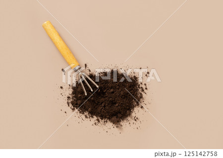 Concept season work and hobby. Various hand tools, plant and soil on beige background. Spring gardening. Top view. 125142758