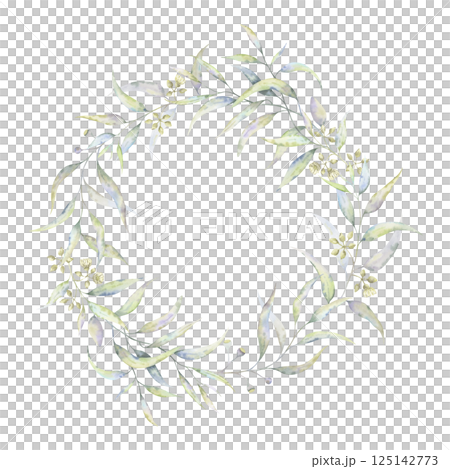 Watercolor eucalyptus wreath with blossoms. Hand-painted illustration in translucent tones. Soft botanical circle. Perfect for natural cosmetic labels, wedging invitations, eco packaging, home decor 125142773