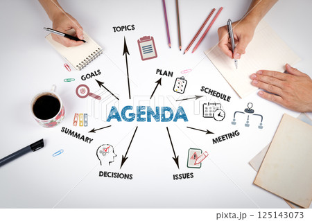AGENDA Concept. The meeting at the white office table AGENDA Concept. The meeting at the white office table 125143073