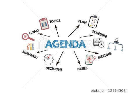 AGENDA Concept. Illustration with icons, keywords and arrows on a white background AGENDA Concept. Illustration with icons, keywords and arrows on a white background 125143084