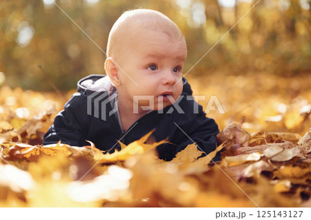 Cute little baby is lying down on the ground with fallen leaves on it Cute little baby is lying down on the ground with fallen leaves on it 125143127