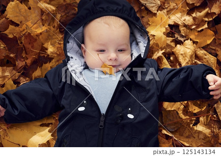 Top view. Cute little baby is lying down on the ground with fallen leaves on it Top view. Cute little baby is lying down on the ground with fallen leaves on it 125143134