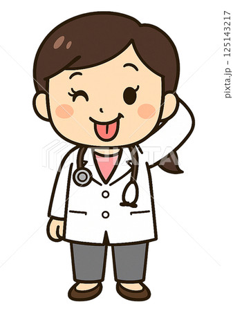 舌を出して片手を後ろ頭にまわして照れている聴診器をつけた白衣の女性医師 125143217