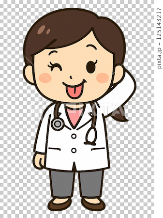 舌を出して片手を後ろ頭にまわして照れている聴診器をつけた白衣の女性医師 125143217